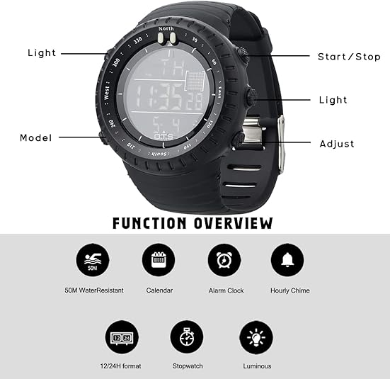 Waterproof Digital Sports Watch with LED Backlight, Alarm & Stopwatch