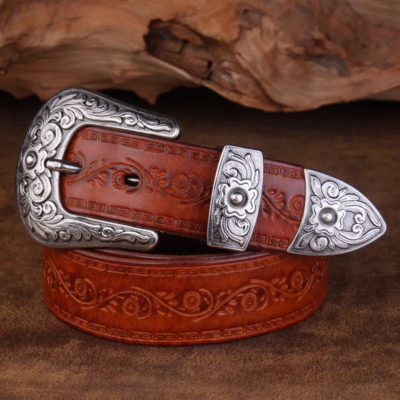 Classic Western Leather Belt with Detailed Silver Buckle – Durable Cowhide