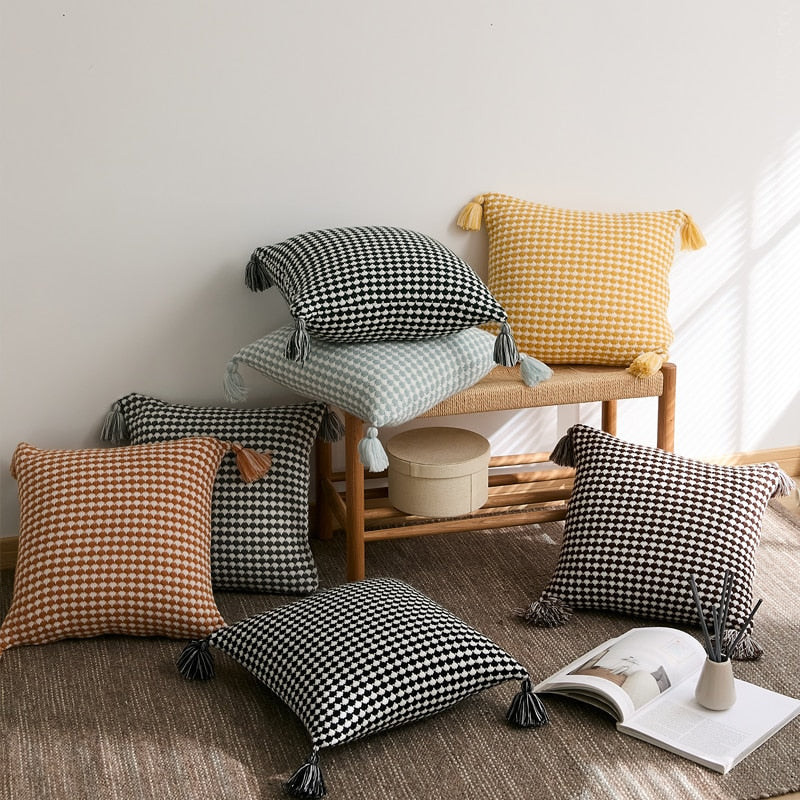 Textured Herringbone Throw Pillow Cover with Tassels – 18" x 18"
