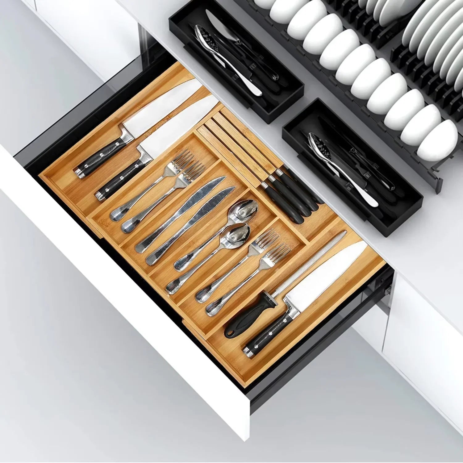 Bamboo Drawer Organizer for Kitchen with Expandable Design – Adjustable Utensil Storage Tray