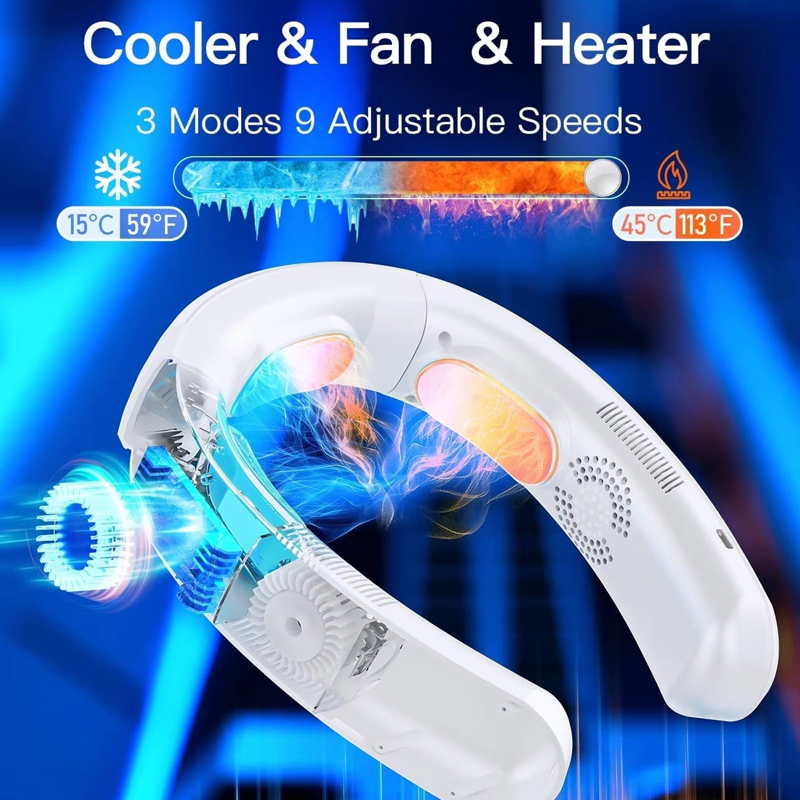 Wearable Neck Fan with 360° Airflow – 8-Hour Cooling and Heating