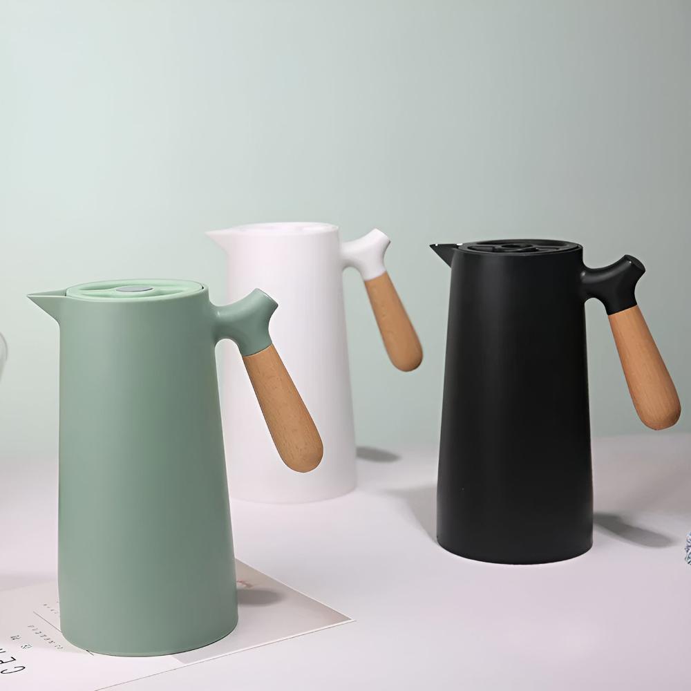Elegant Thermal Carafe with Natural Wood Handle – 1L Capacity