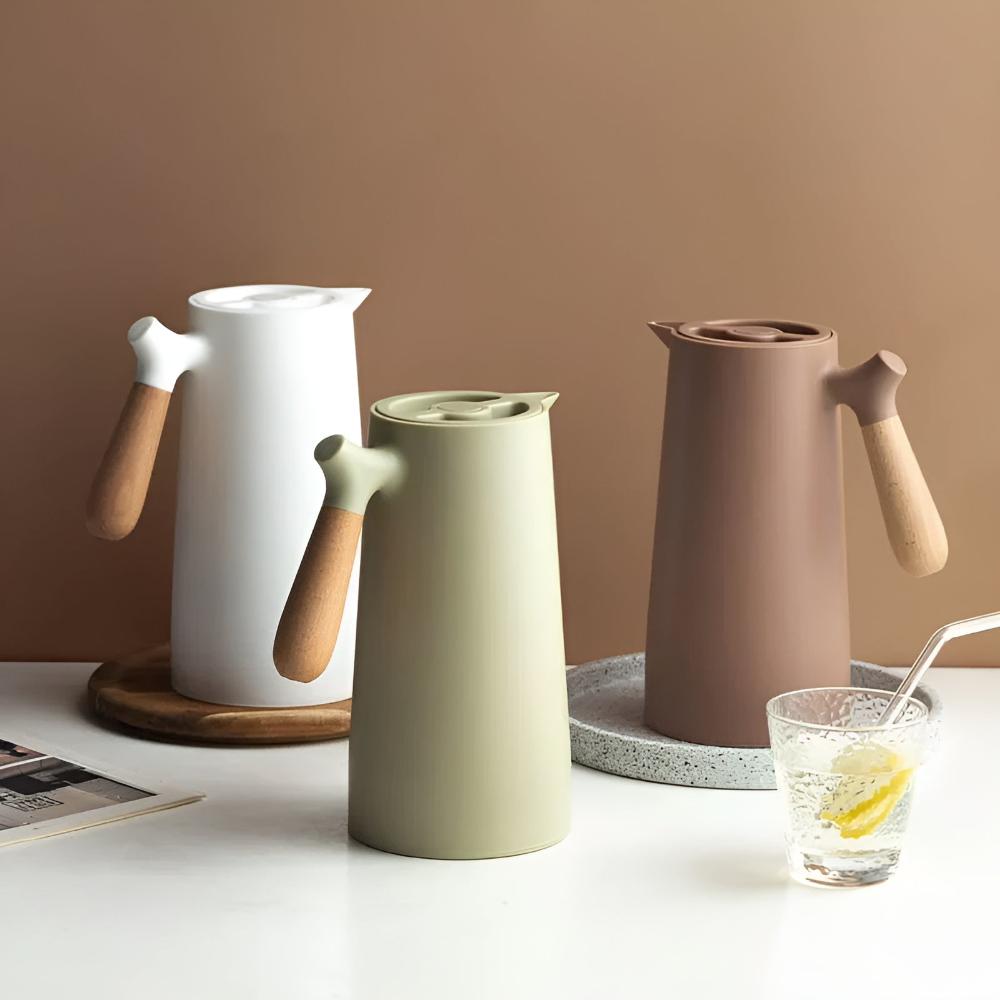 Elegant Thermal Carafe with Natural Wood Handle – 1L Capacity