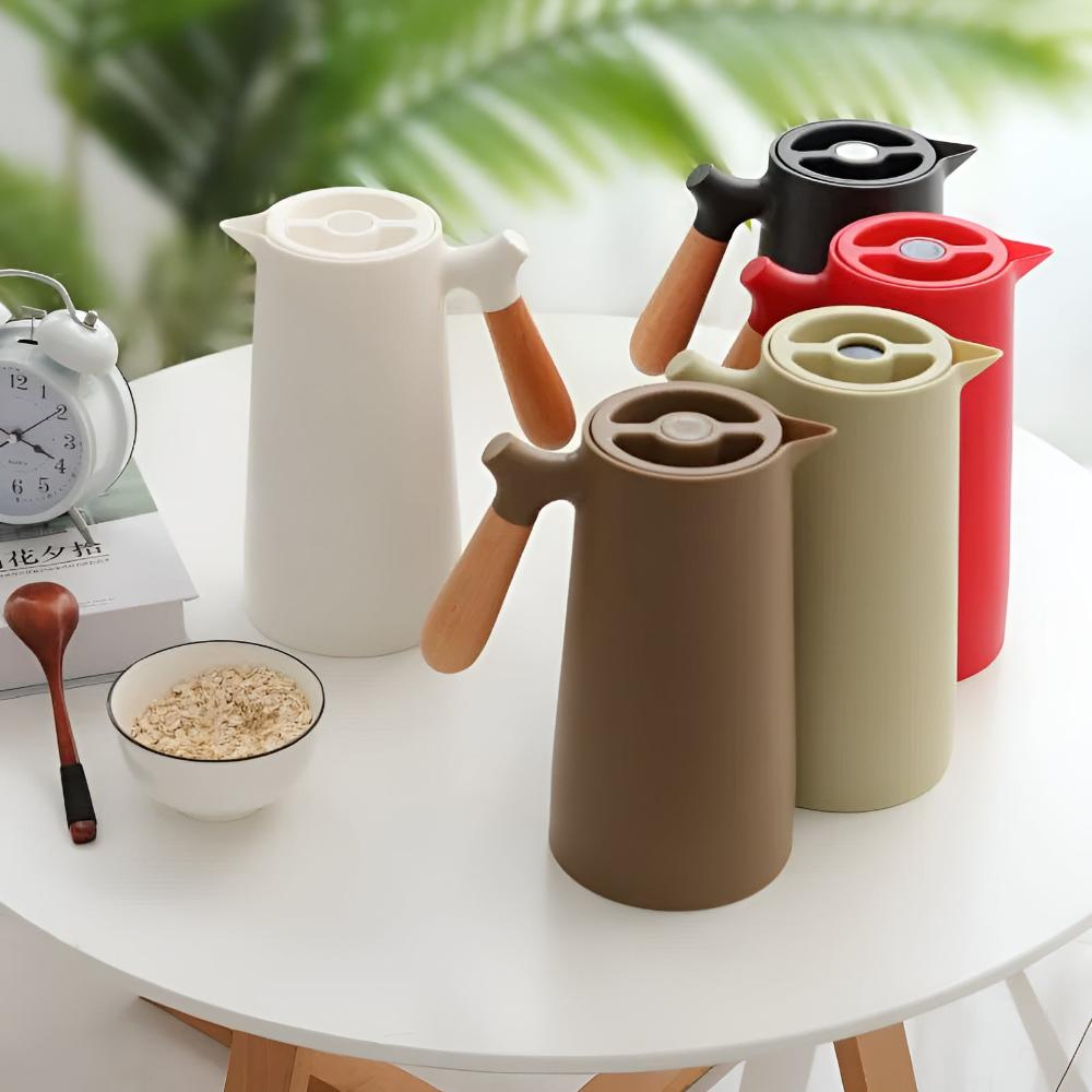 Elegant Thermal Carafe with Natural Wood Handle – 1L Capacity