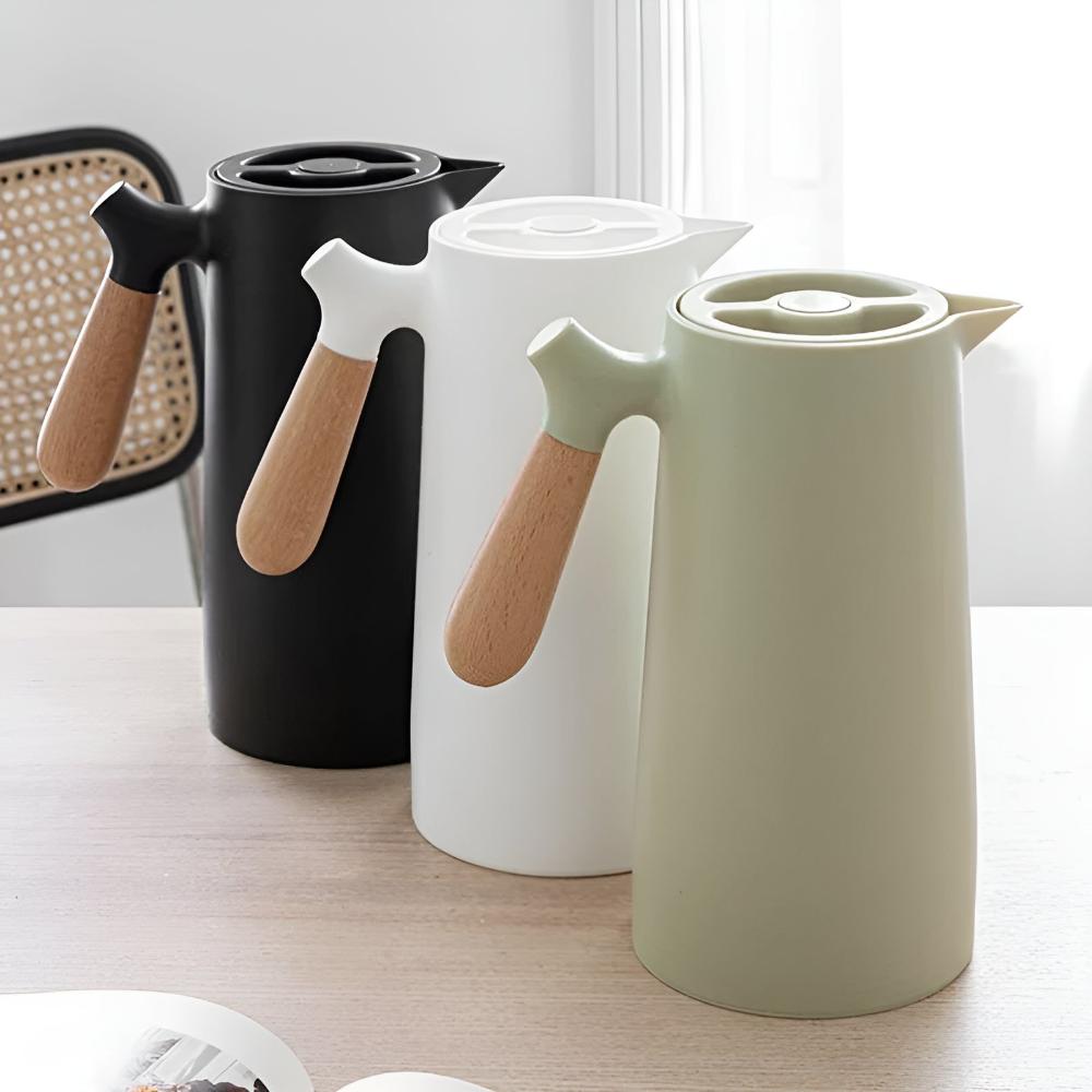 Elegant Thermal Carafe with Natural Wood Handle – 1L Capacity