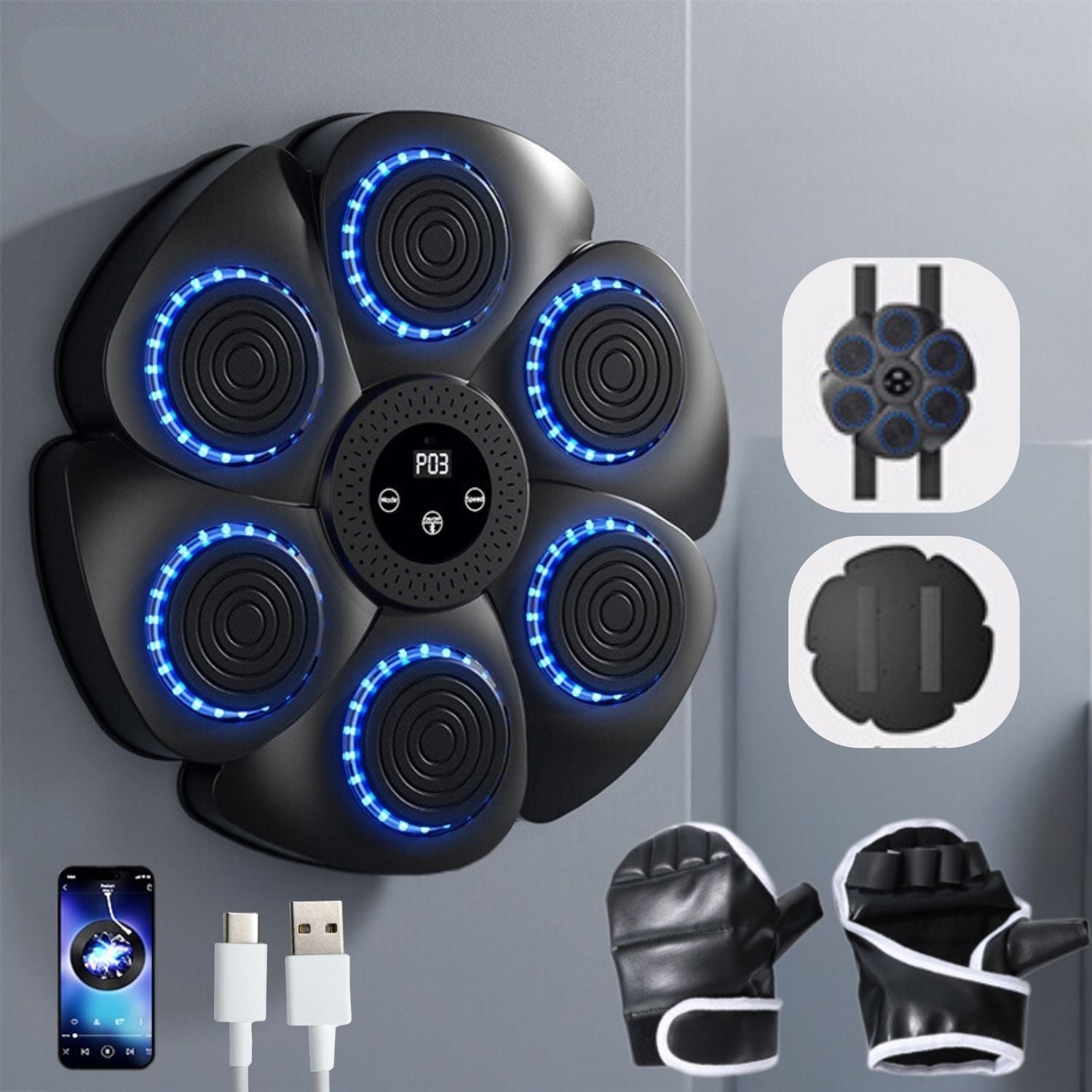Wall-Mounted Fitness Trainer - Interactive Boxing Machine with Bluetooth, RGB, USB Rechargeable
