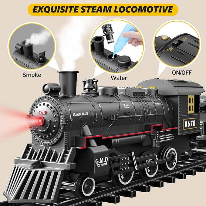 Electric Train Playset with Battery Operation, Lights, Sounds & Steam Effects