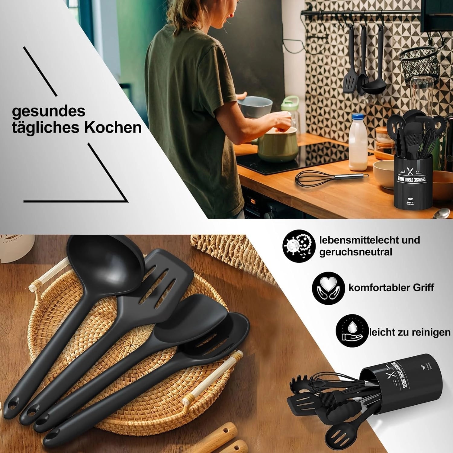 Silicone Kitchen Utensils Set in Ivory | Heat-Resistant & Non-Stick | Ergonomic Cooking Tools