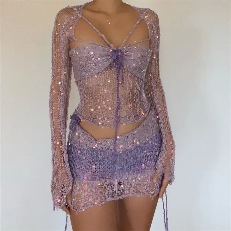 Women’s Two-Piece Sequin Crop Top and Mini Skirt Set | Sheer Mesh with Adjustable Straps | Polyester | Nightlife Ready