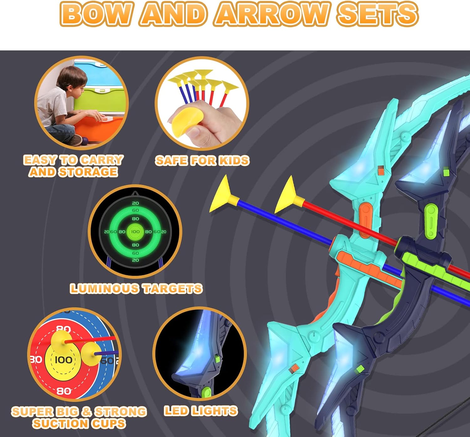 Archery Set for Children | 2 Bows with LED Lights | 14 Suction Cup Arrows | Glow-in-the-Dark Target | Suitable for Ages 4 to 12