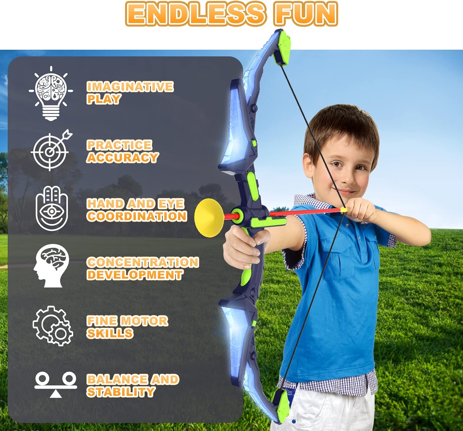 Archery Set for Children | 2 Bows with LED Lights | 14 Suction Cup Arrows | Glow-in-the-Dark Target | Suitable for Ages 4 to 12