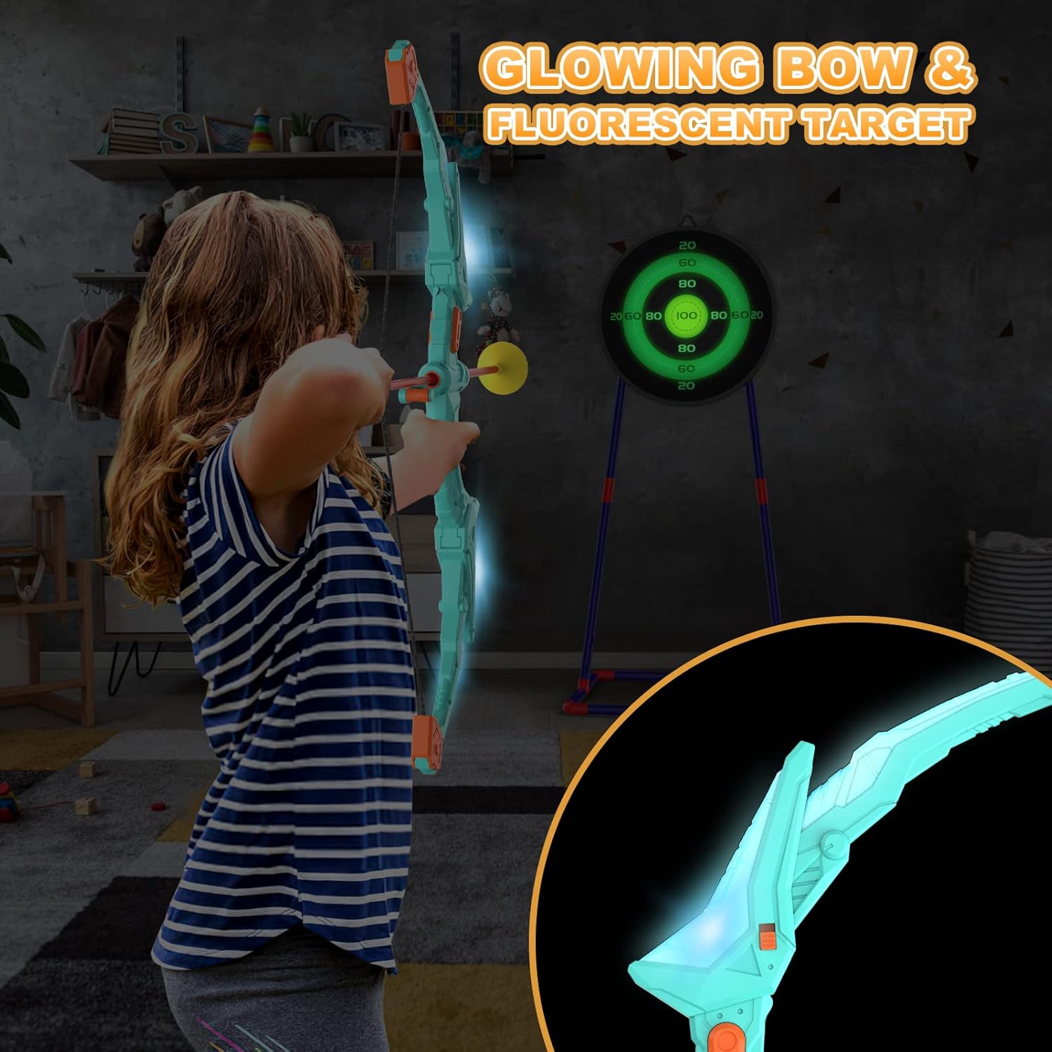 Archery Set for Children | 2 Bows with LED Lights | 14 Suction Cup Arrows | Glow-in-the-Dark Target | Suitable for Ages 4 to 12