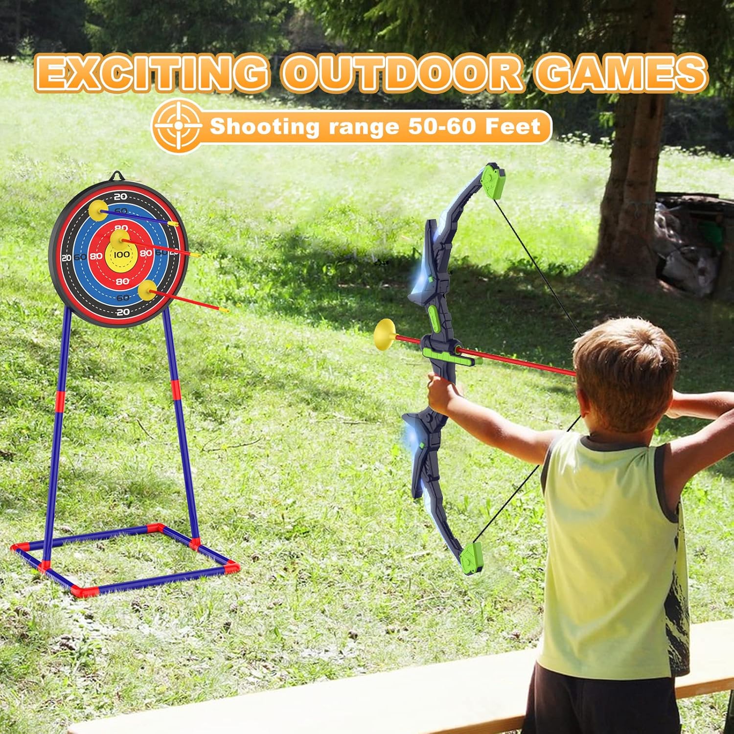 Archery Set for Children | 2 Bows with LED Lights | 14 Suction Cup Arrows | Glow-in-the-Dark Target | Suitable for Ages 4 to 12