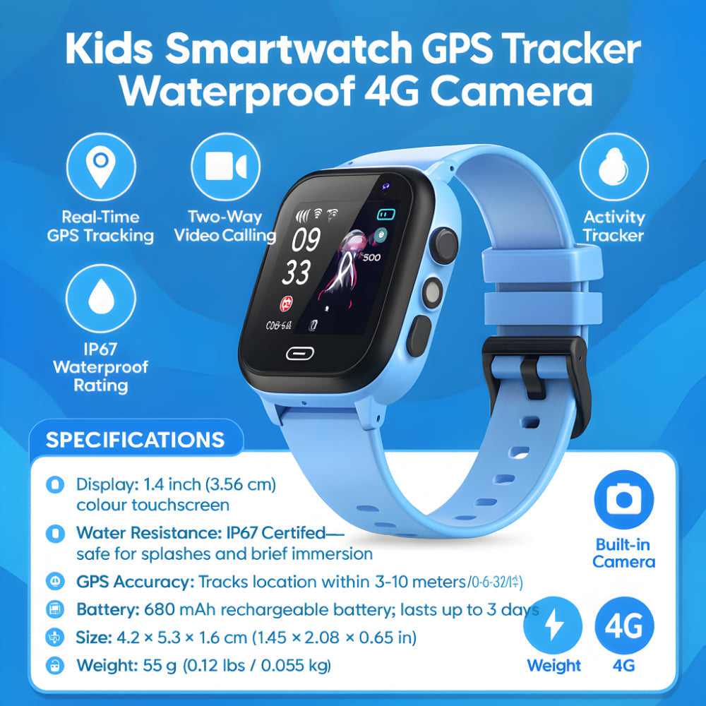 Waterproof Kids Smartwatch with 4G GPS Tracker and Camera for Active Use