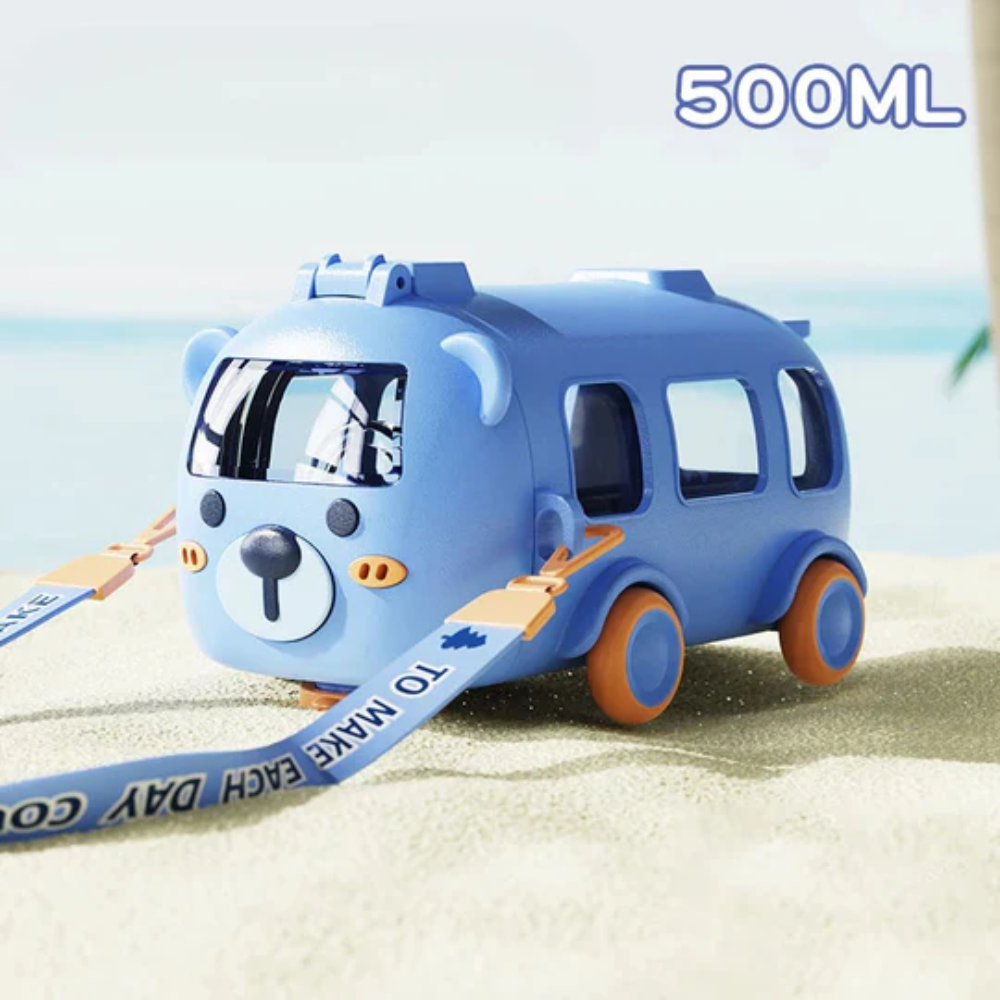 Water Bottle for Kids with Straw - Cartoon Bus Design for School and Travel