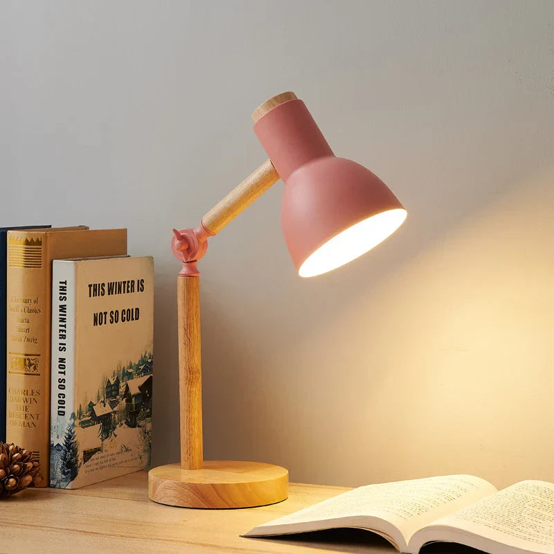 Adjustable Arm Table Lamp with Wooden Base in Scandinavian Design