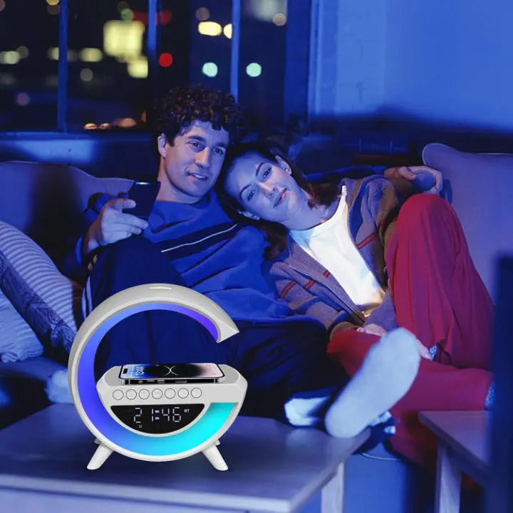 Stylish Alarm Clock Lamp with Bluetooth Speaker & Wireless Charging