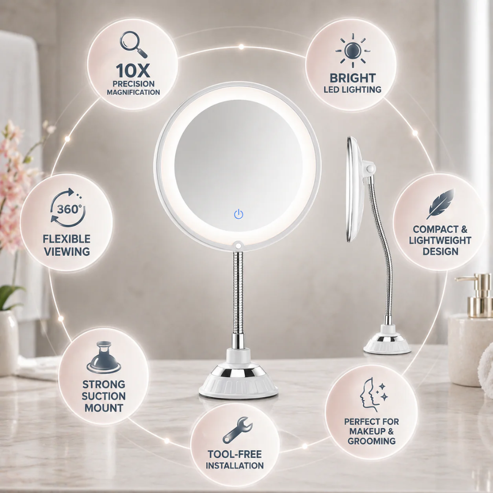 Flexible Arm Magnifying Mirror for Bathroom Makeup and Grooming
