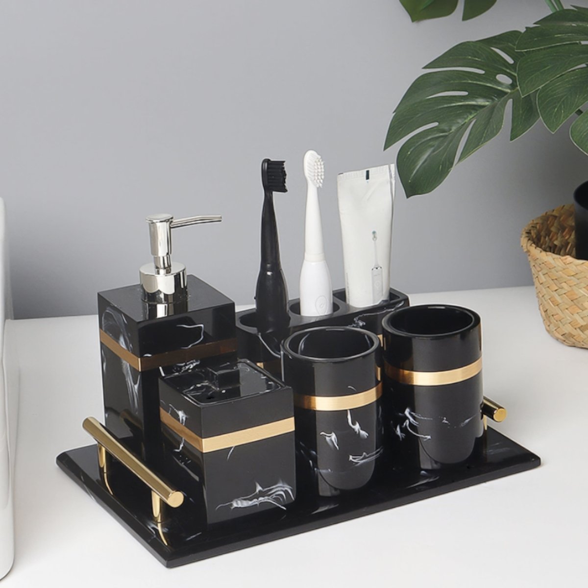 Sophisticated Black Marble Serving Tray with Elegant Gold Trim