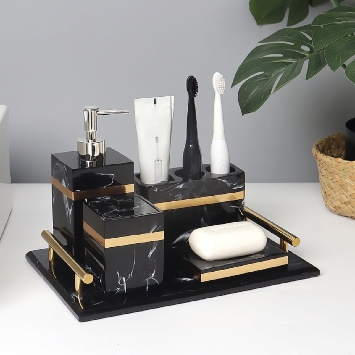 Sophisticated Black Marble Serving Tray with Elegant Gold Trim