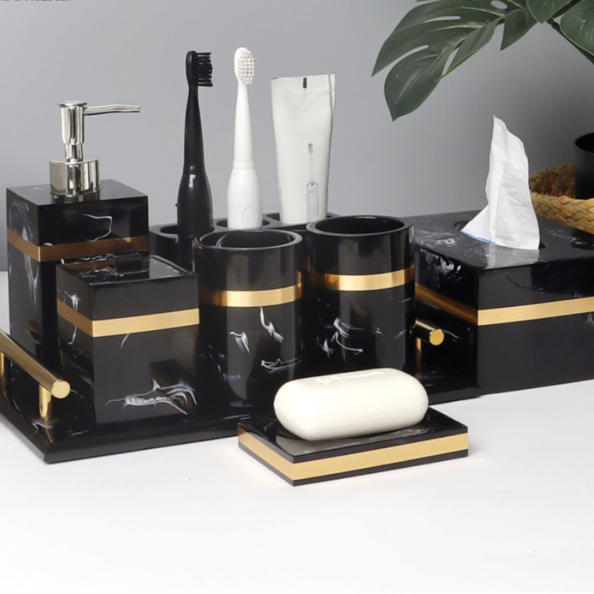 Sophisticated Black Marble Serving Tray with Elegant Gold Trim