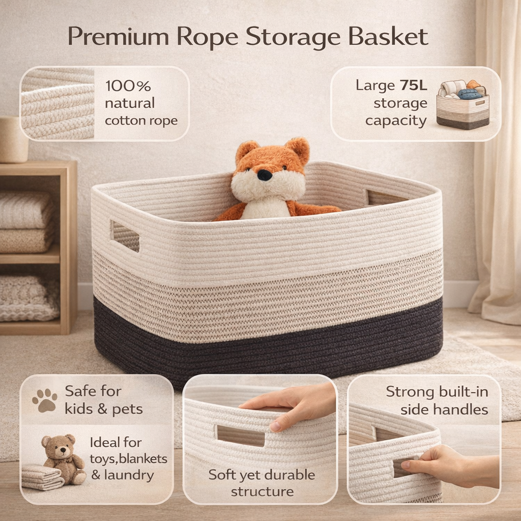 Spacious Rectangular Fabric Storage Basket with Handles