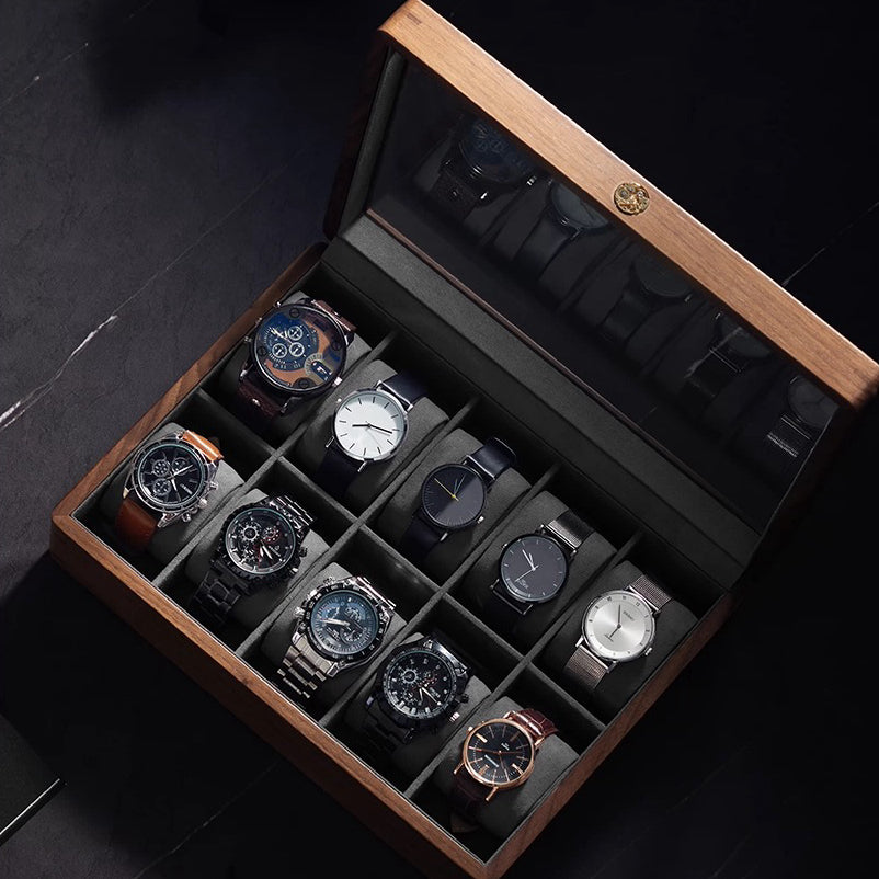 Walnut Watch Storage Case with Glass Lid | Soft Cushions | 3, 5 & 10 Slots