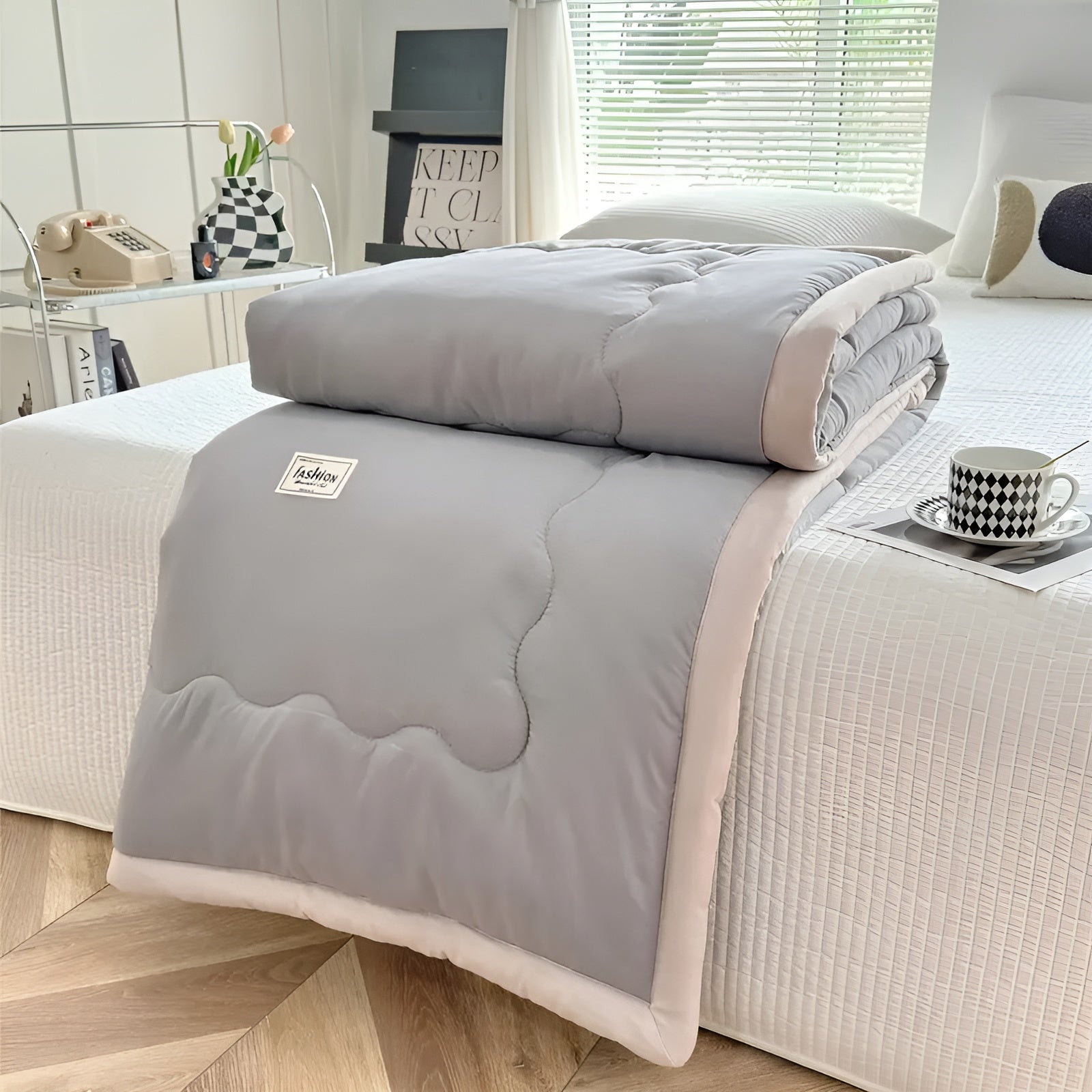 Soft and Breathable Cooling Blanket – Gray Trimmed Polyester for Home, Travel, Camping