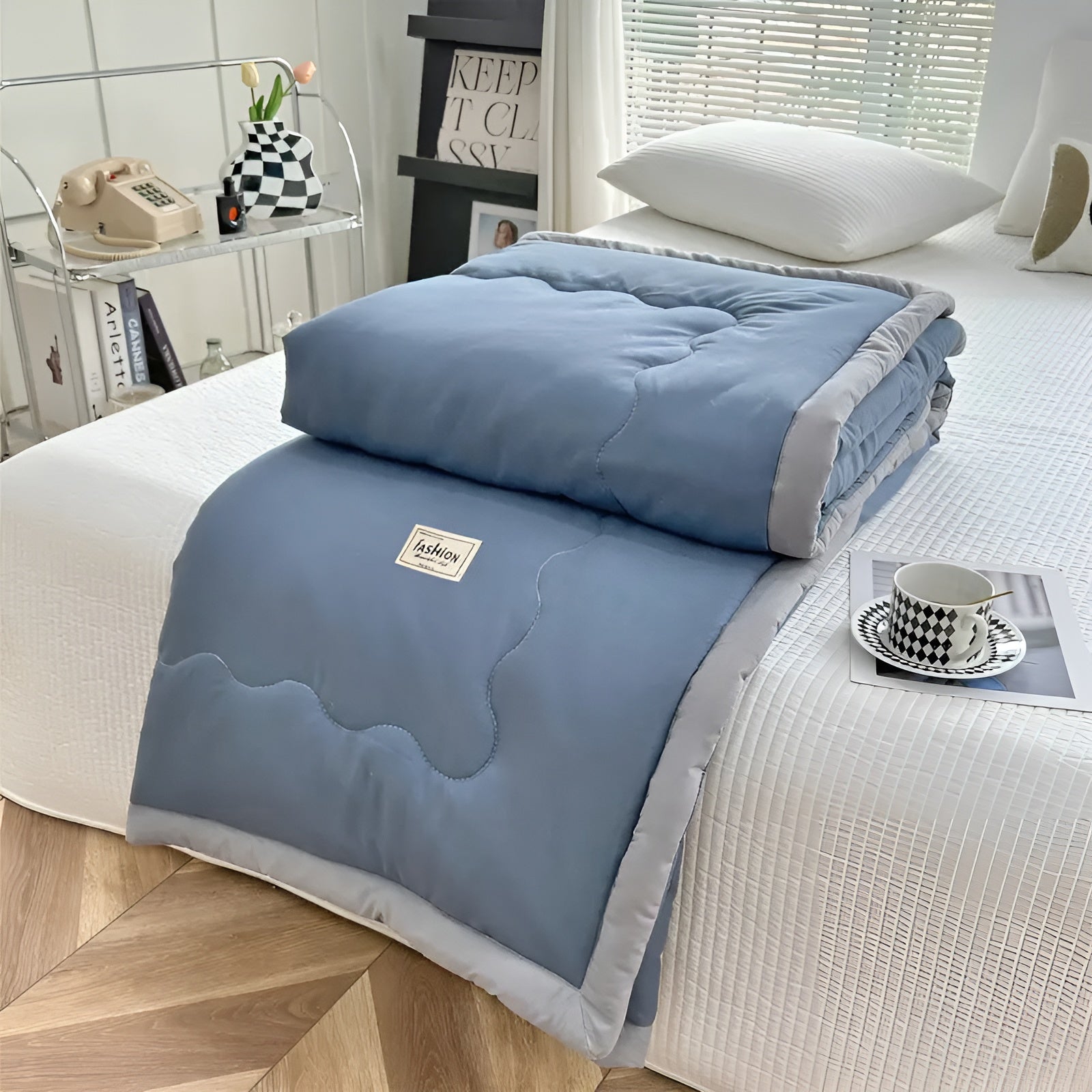 Soft and Breathable Cooling Blanket – Gray Trimmed Polyester for Home, Travel, Camping