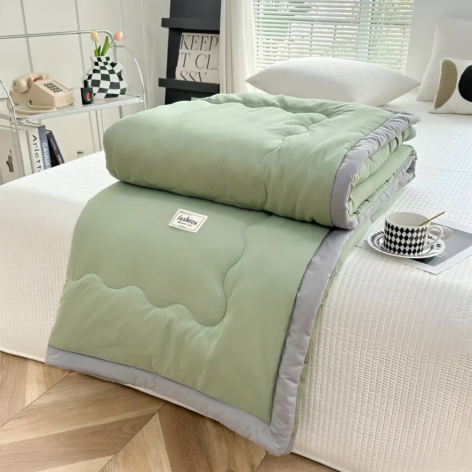 Soft and Breathable Cooling Blanket – Gray Trimmed Polyester for Home, Travel, Camping