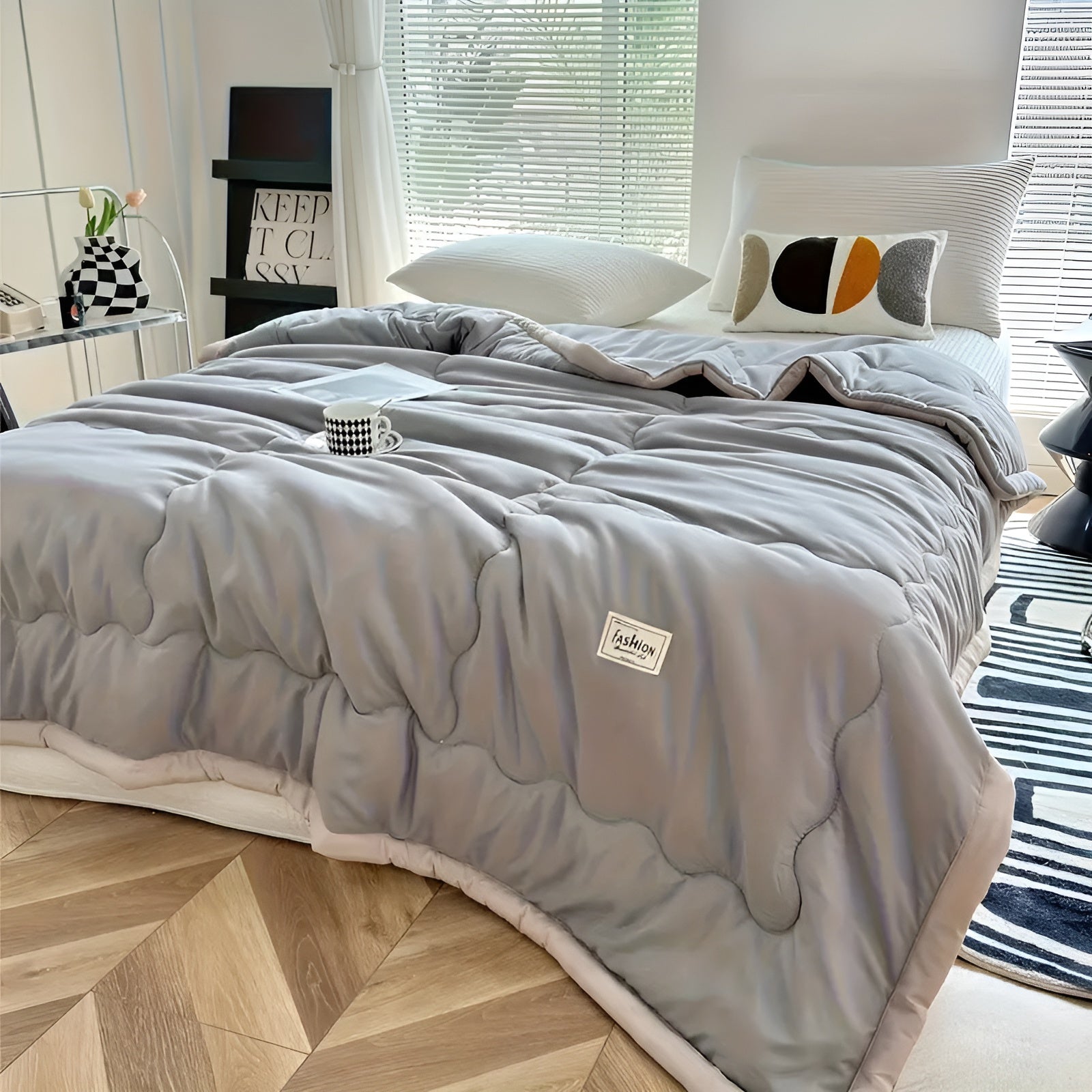 Soft and Breathable Cooling Blanket – Gray Trimmed Polyester for Home, Travel, Camping