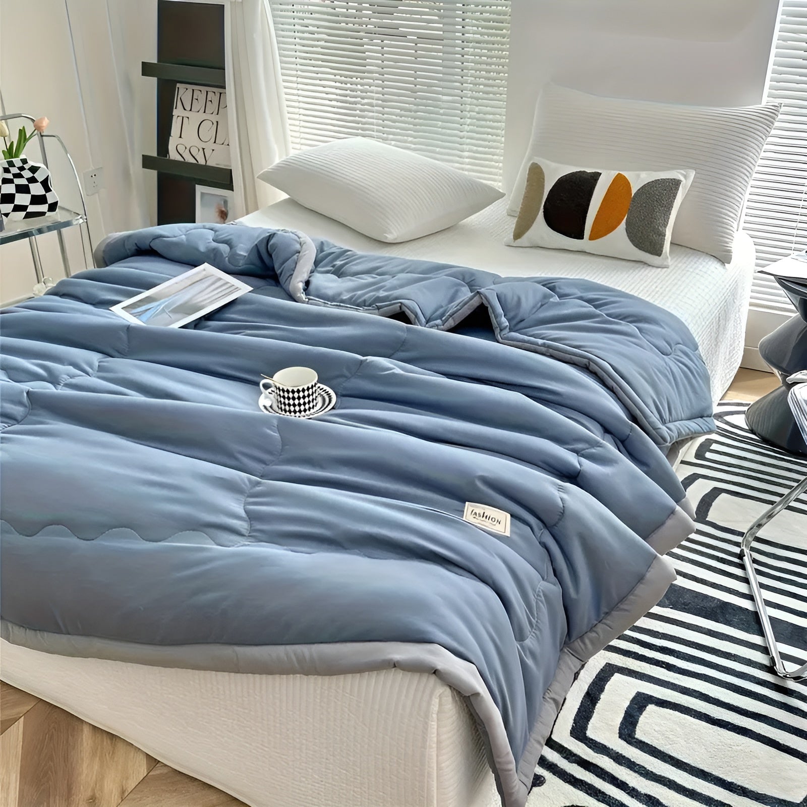 Soft and Breathable Cooling Blanket – Gray Trimmed Polyester for Home, Travel, Camping