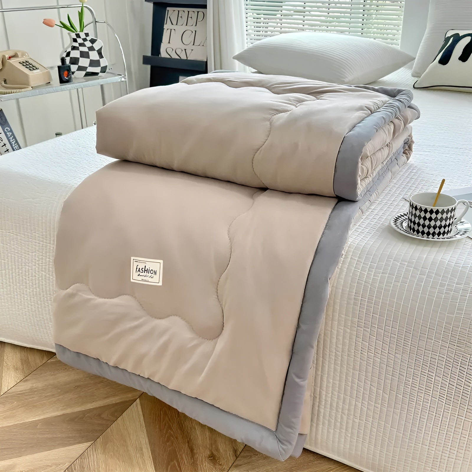 Soft and Breathable Cooling Blanket – Gray Trimmed Polyester for Home, Travel, Camping