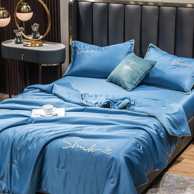 Summer Quilt Set - 100% Washed Silk with Elegant Embroidery - Lightweight Cooling for Warm Nights
