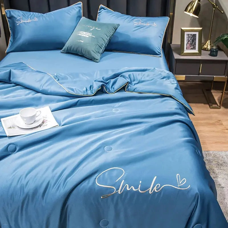 Summer Quilt Set - 100% Washed Silk with Elegant Embroidery - Lightweight Cooling for Warm Nights