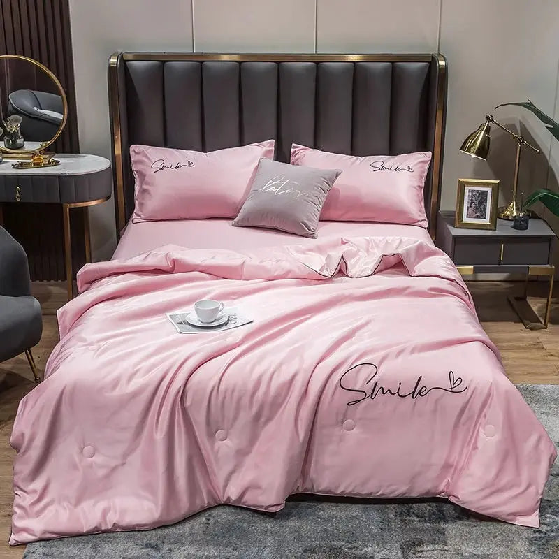 Summer Quilt Set - 100% Washed Silk with Elegant Embroidery - Lightweight Cooling for Warm Nights