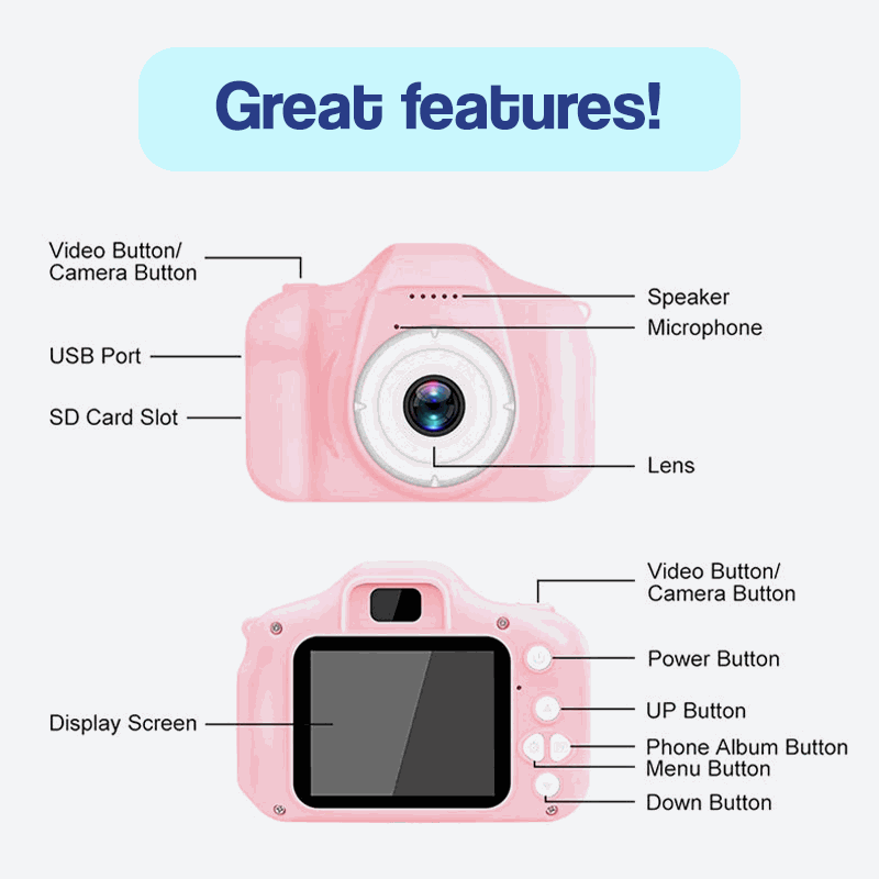 Dual Lens Kids Camera - 12MP, 1080P, Shockproof, 2" IPS Screen, 32GB, 3+ Years