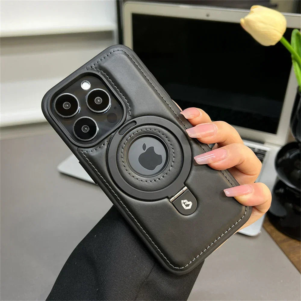 Leather MagSafe Case with Foldable Ring Stand – Elegant Design