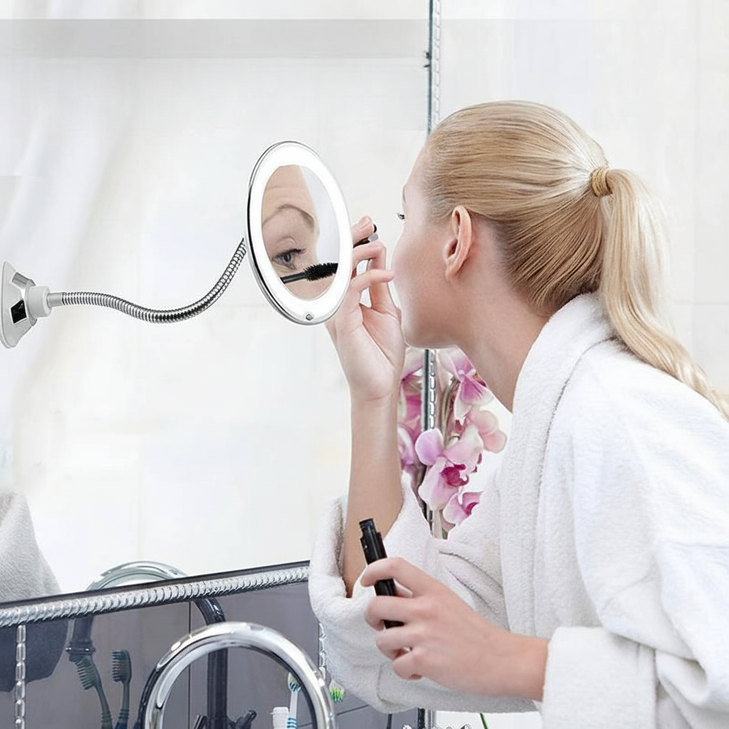 Illuminated Magnifier Mirror with Adjustable Arm for Grooming