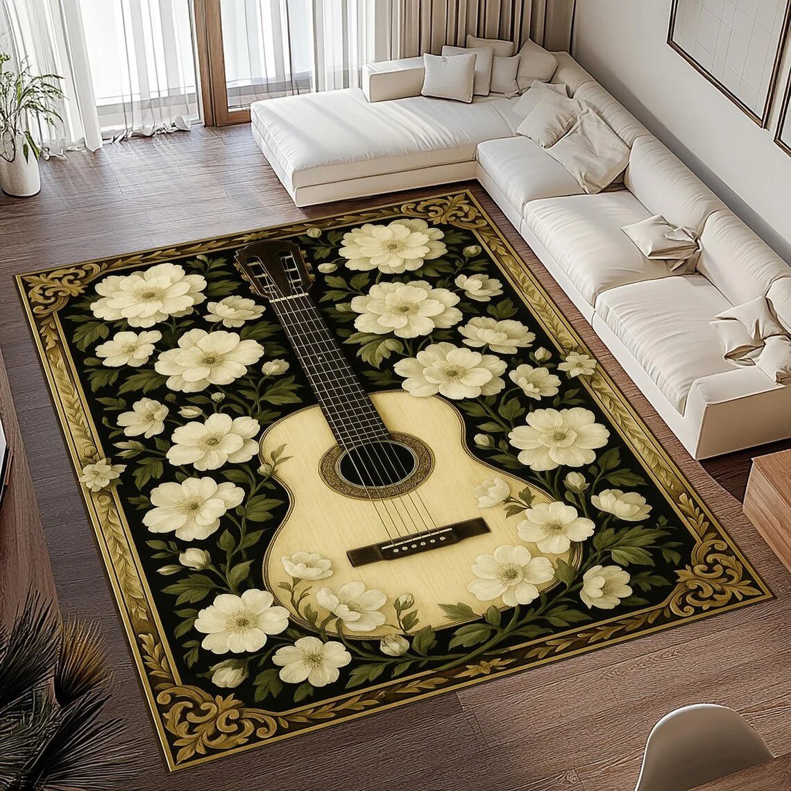 Retro Melody Guitar Design Area Rug with Cozy Flannel and Grip Backing