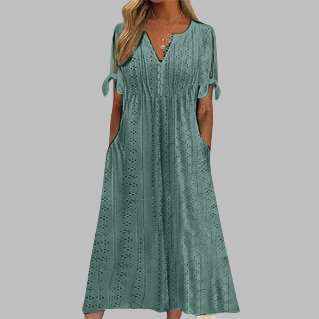 Women’s Eyelet Midi Dress | Tie-Sleeve Details & Side Pockets | Lightweight Boho Style | Comfortable Fit for Summer