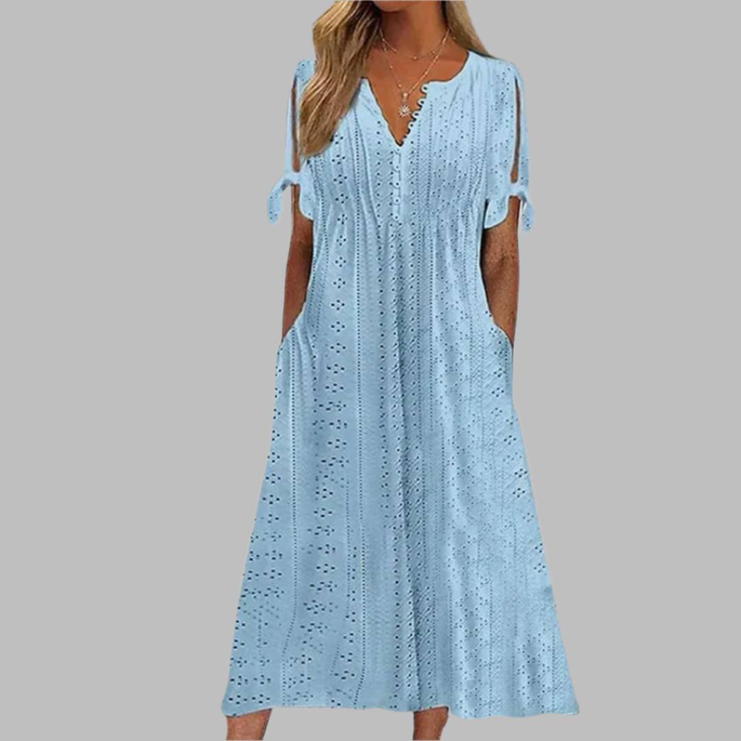 Women’s Eyelet Midi Dress | Tie-Sleeve Details & Side Pockets | Lightweight Boho Style | Comfortable Fit for Summer