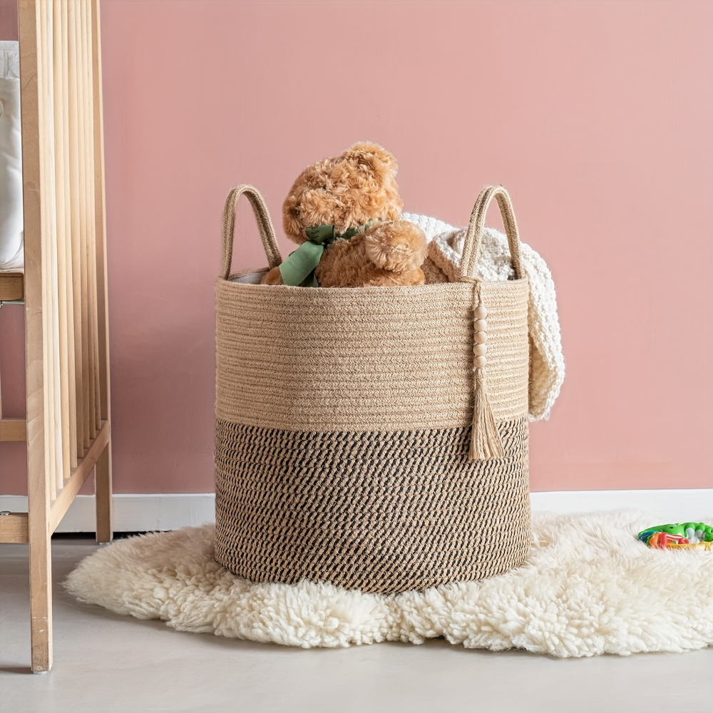 Boho Style Cotton Basket with Handles for Storage