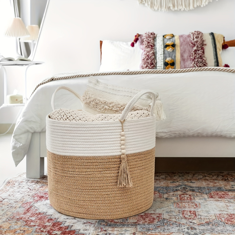 Boho Style Cotton Basket with Handles for Storage