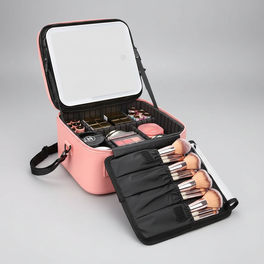 Portable Cosmetic Organizer with LED Mirror for Travel