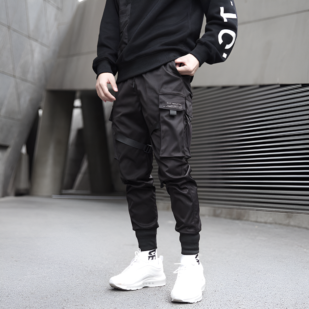 Urban Explorer Black Cargo Pants with Adjustable Straps