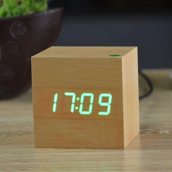 Sleek Bamboo Digital Cube Clock – Perfect for Any Space