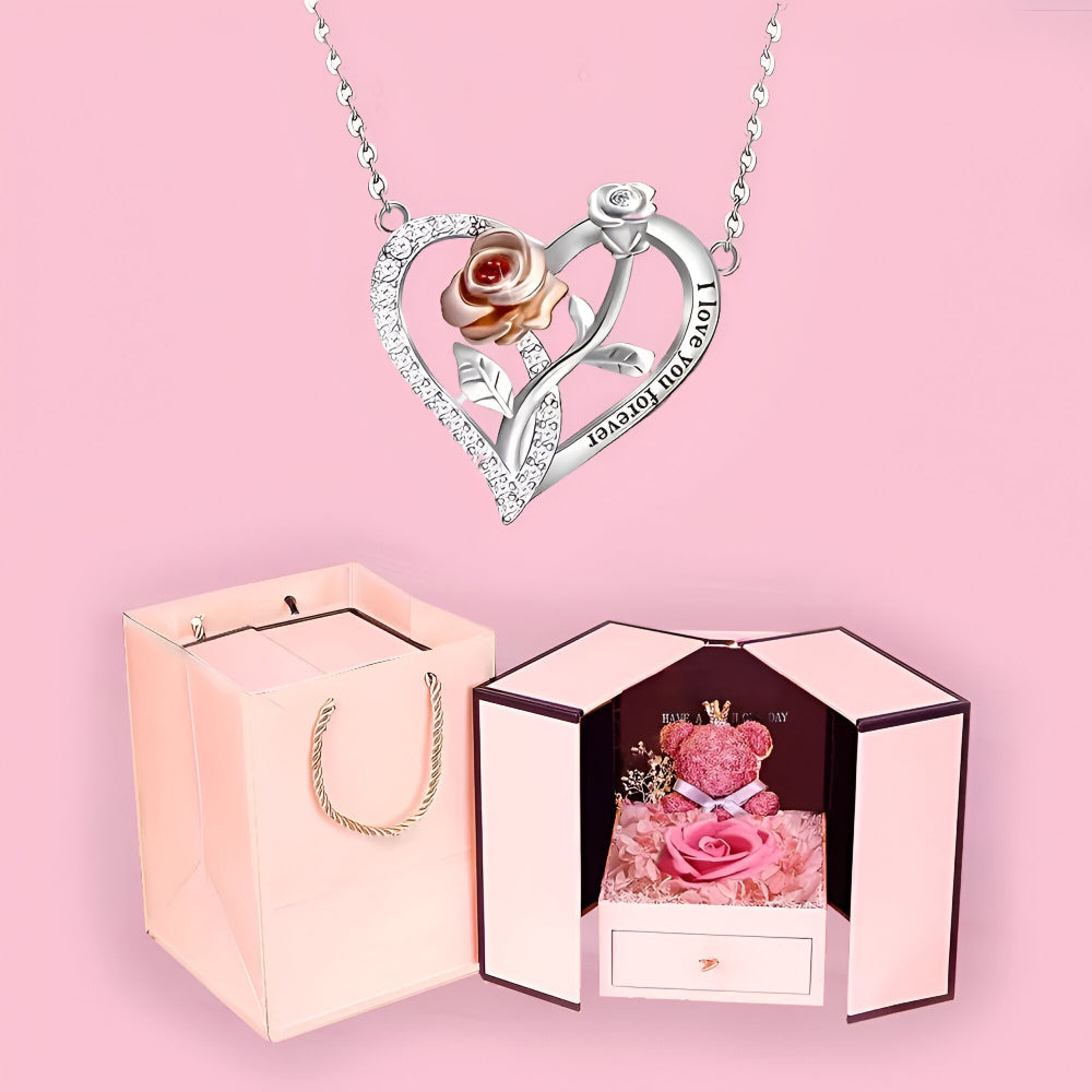 Cherished Heart Pendant Set with Bear and Rose Ornament