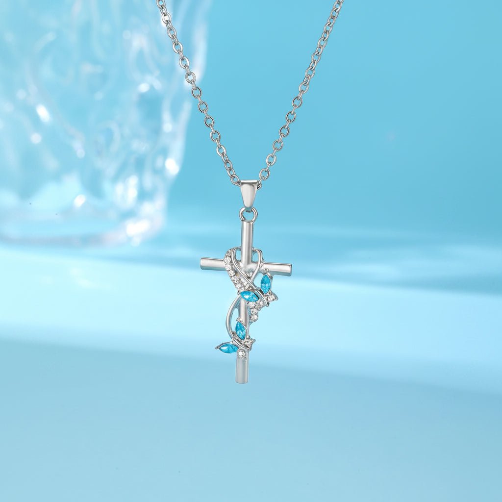Elegant Silver Faith Necklace with Bow and Blue Accents