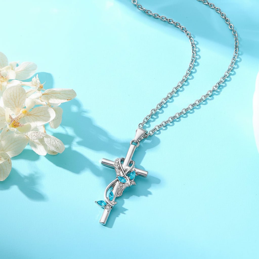 Elegant Silver Faith Necklace with Bow and Blue Accents